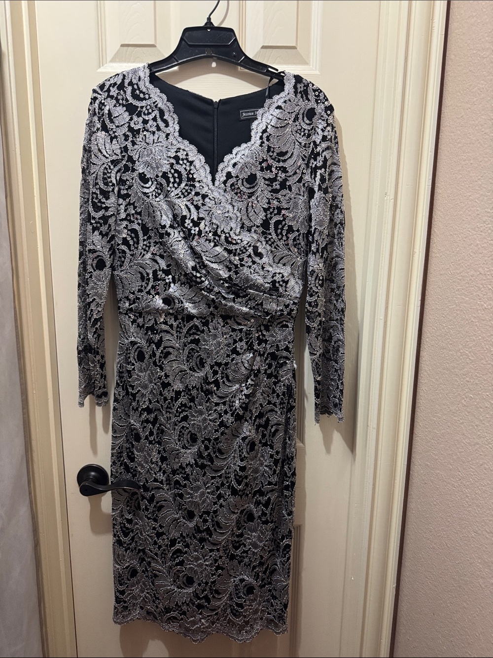 Jessica Howard Black Dress with Silver Lace Overlay - Long Sleeve V-Neck
